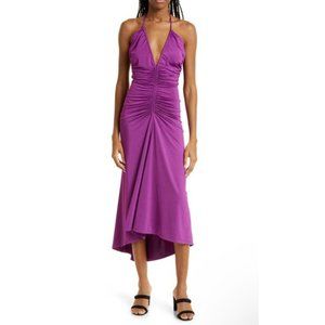 VERONICA BEARD Saskia Satin Ruched Halter Dress Dark Violet (MSRP $498) Size 6